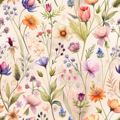 watercolor wildflowers, botanical pattern, pastel colors, pink blooms, purple flowers, orange daisies, blue blossoms, delicate stems, meadow flowers, soft background, floral illustration, quilting cotton, fabric panel, nature motifs, spring florals, whimsical style, scattered blooms, garden flowers, textile design, crafting material