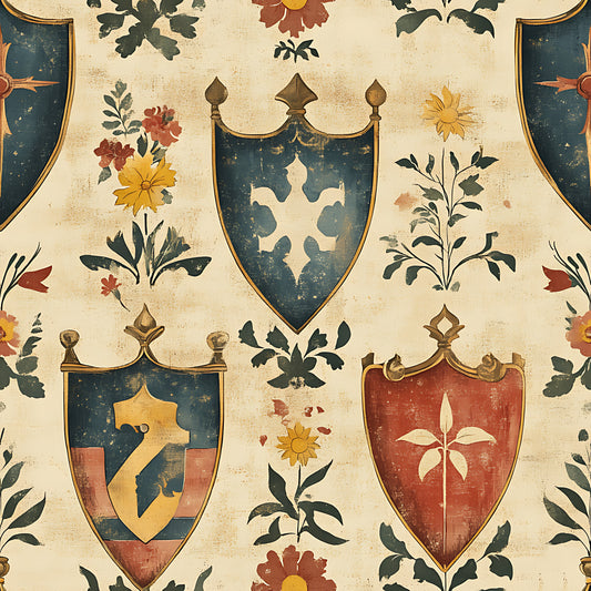 rustic shields, heraldic banners, medieval crests, floral motifs, cream background, teal blue, burgundy red, golden yellow, botanical elements, aged texture, vintage appearance, coat of arms, decorative crowns, quilting cotton, fabric panel, distressed finish, autumn flowers, folk art style, germanic design, weathered patina