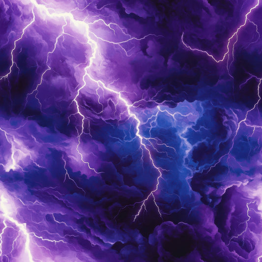purple, violet, blue, indigo, lightning bolts, thunderstorm, storm clouds, dramatic sky, electric pattern, weather theme, quilting cotton, fabric panel, stormy atmosphere, jagged lightning, cloud formations, intense purple, deep blue, storm pattern, electric bolts, tempest design