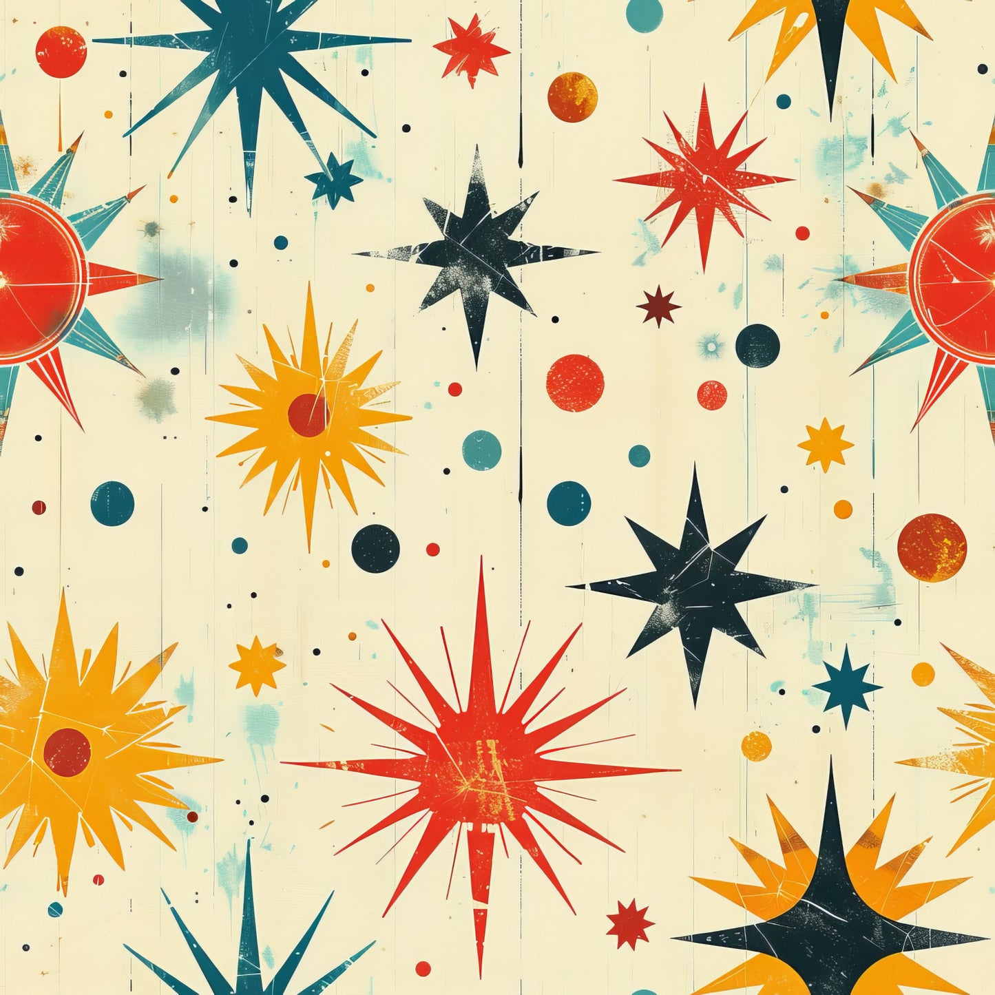 retro starburst, mid-century modern, atomic age, red orange yellow, teal navy blue, cream background, geometric stars, sunburst design, vintage inspired, space age motif, quilting cotton, fabric panel, dotted accents, radiating spikes, nostalgic pattern, boomerang shapes, textured elements, distressed finish, abstract celestial