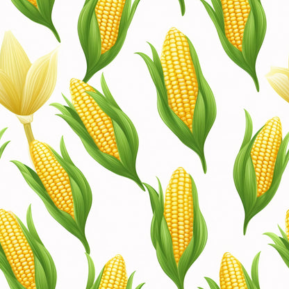 yellow corn, golden kernels, green husks, corn cobs, vegetable pattern, harvest theme, botanical design, seamless repeat, bright yellow, lime green, farm produce, agriculture motif, food illustration, summer crops, realistic style, quilting cotton, fabric panel, kitchen theme, country style, gardening motif