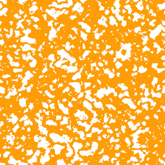 orange, white, grunge pattern, distressed texture, splatter design, abstract spots, quilting cotton, fabric panel, vintage style, weathered look, irregular shapes, textured background, craft fabric, sewing material, rustic aesthetic, worn appearance
