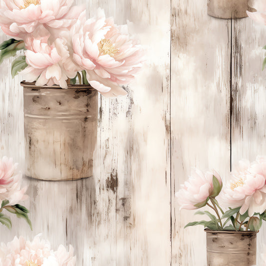 blush pink, pale pink, cream, beige, weathered wood, distressed wood, peonies, floral blooms, rustic buckets, metal containers, farmhouse style, shabby chic, vintage aesthetic, quilting cotton, fabric panel, soft pastels, botanical design, country charm, rustic floral, weathered finish