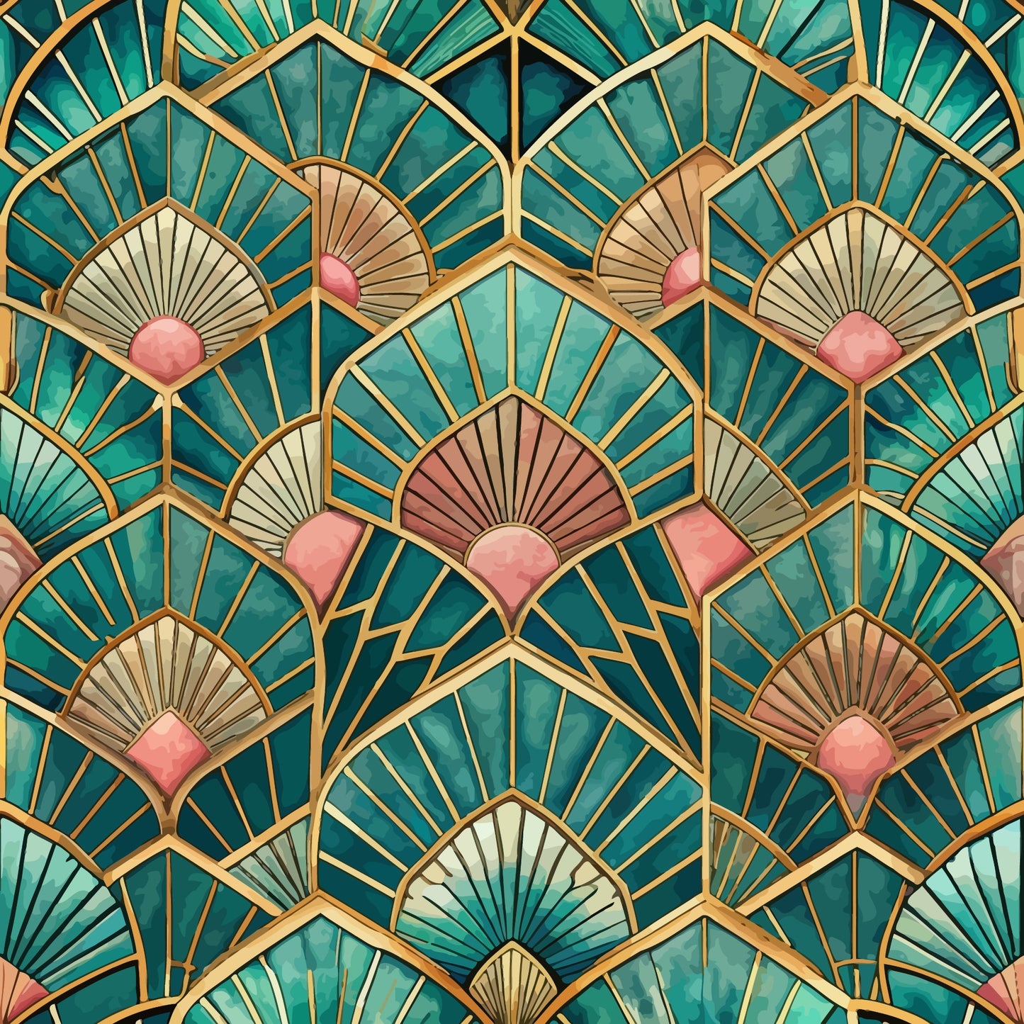 teal, emerald green, coral pink, gold accents, art deco, fan motifs, geometric pattern, shell designs, radiating lines, ornate details, quilting cotton, fabric panel, vintage inspired, elegant style, luxury aesthetic, peacock feathers, scalloped edges, metallic highlights, jewel tones