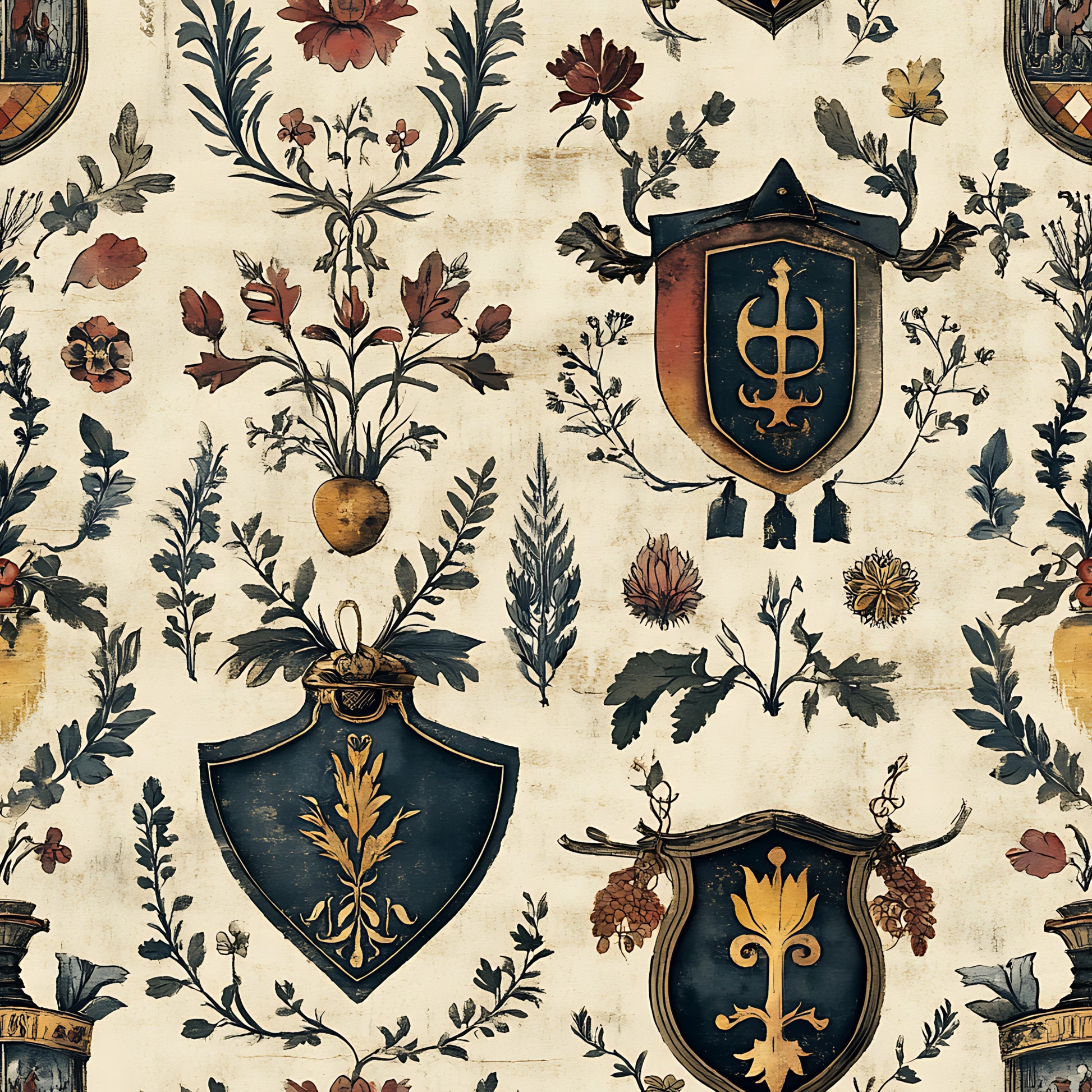 cream background, navy blue, rust red, golden yellow, heraldic shields, botanical motifs, floral elements, leaf patterns, cross symbols, wheat sheaves, decorative banners, medieval style, rustic aesthetic, quilting cotton, fabric panel, german inspired, coat of arms, vintage look, ornate designs, scattered florals