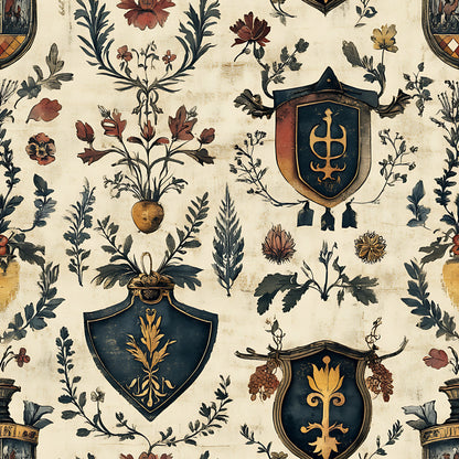 cream background, navy blue, rust red, golden yellow, heraldic shields, botanical motifs, floral elements, leaf patterns, cross symbols, wheat sheaves, decorative banners, medieval style, rustic aesthetic, quilting cotton, fabric panel, german inspired, coat of arms, vintage look, ornate designs, scattered florals