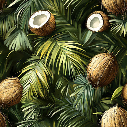 coconut pattern, tropical leaves, palm fronds, brown coconuts, green foliage, jungle theme, botanical design, quilting cotton, fabric panel, tropical fruit, layered leaves, nature motif, exotic plants, summer vibes, lush greenery, coconut halves, tropical paradise, dense foliage, natural elements