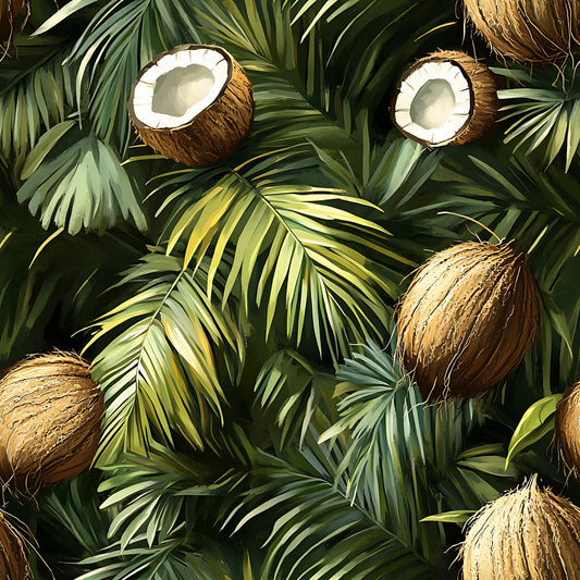coconut pattern, tropical leaves, palm fronds, brown coconuts, green foliage, jungle theme, botanical design, quilting cotton, fabric panel, tropical fruit, layered leaves, nature motif, exotic plants, summer vibes, lush greenery, coconut halves, tropical paradise, dense foliage, natural elements