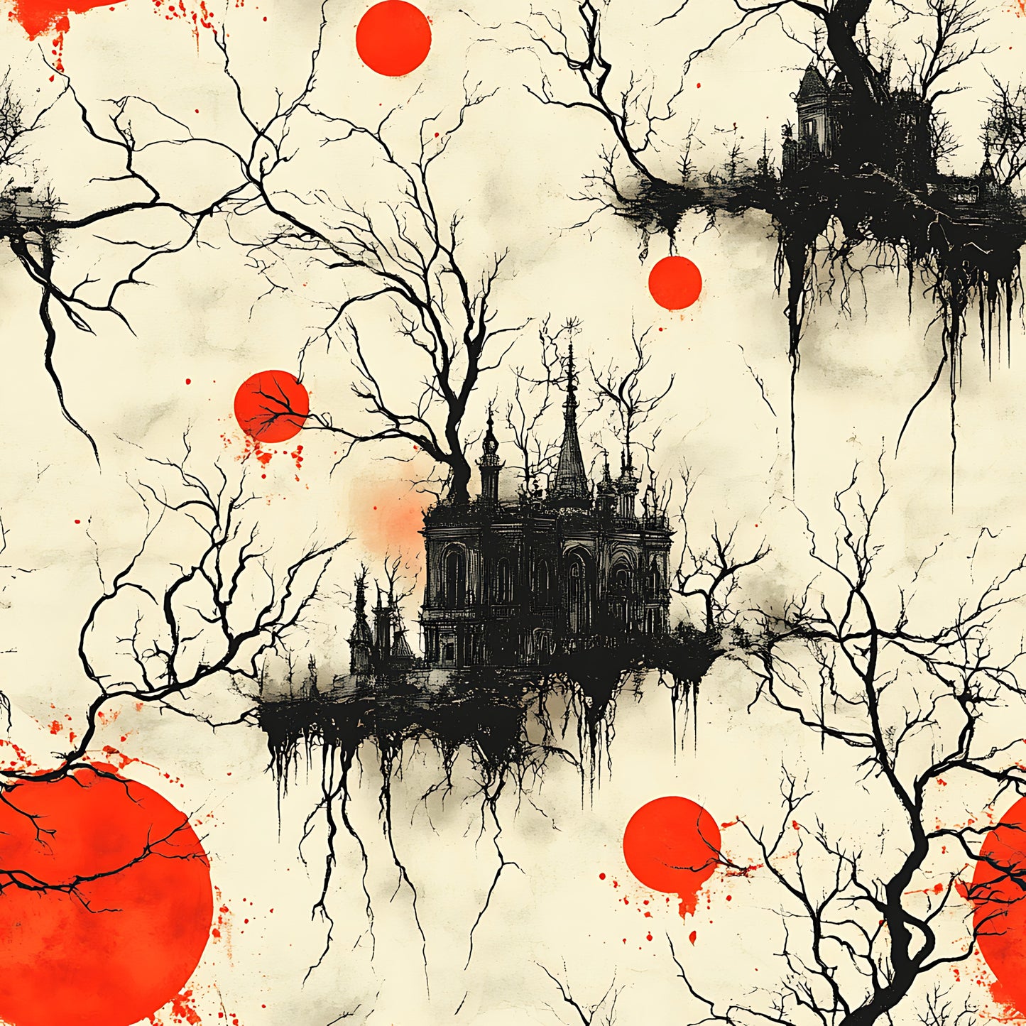 gothic architecture, blood moon, red circles, bare trees, haunted castle, cream background, black silhouettes, spooky atmosphere, horror theme, dripping effects, leafless branches, medieval buildings, eerie mood, quilting cotton, fabric panel, halloween motif, dark fantasy, crimson accents, abandoned manor, supernatural scene