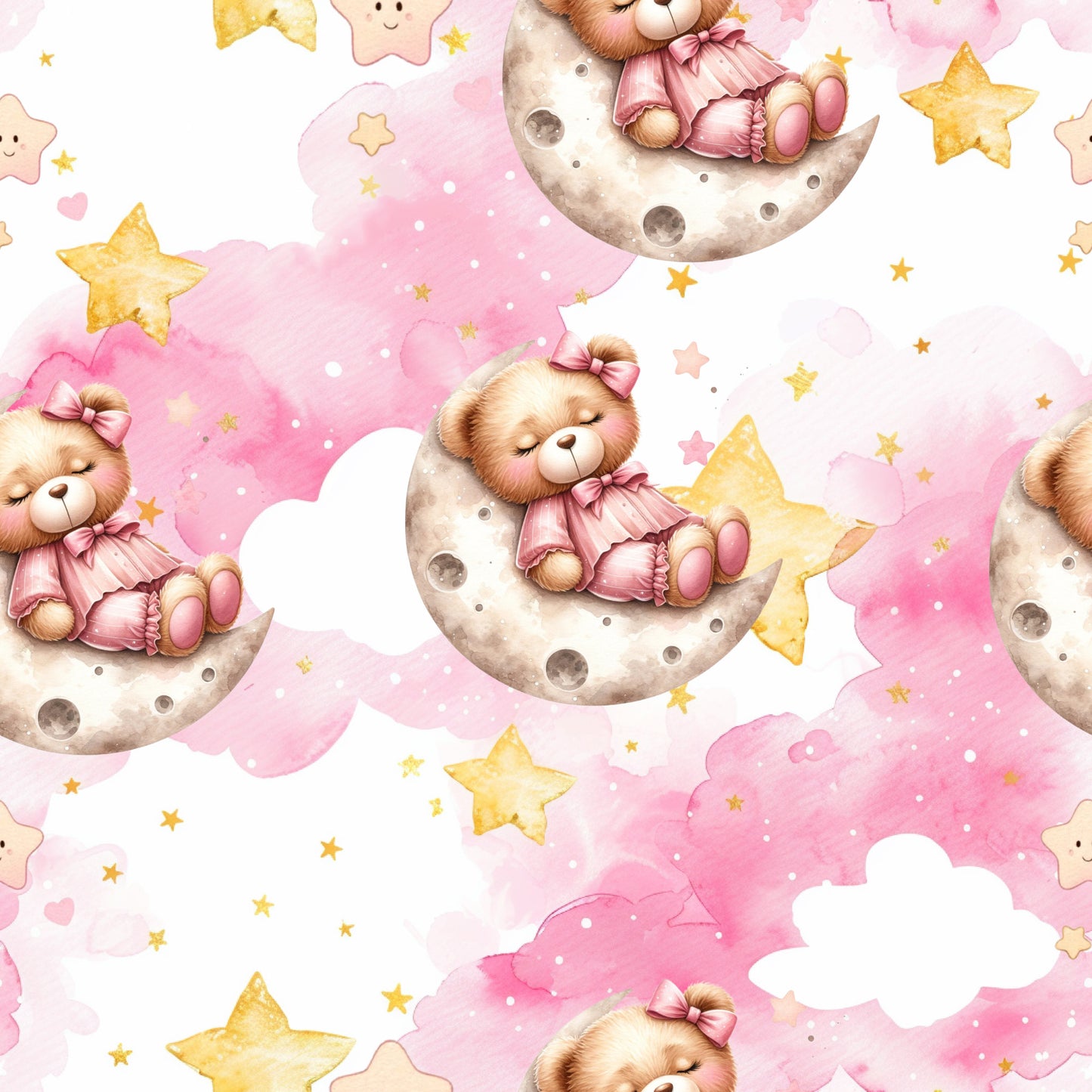 pink, baby teddy bears, quilting cotton, fabric panel, watercolor style, crescent moon, golden stars, pastel clouds, nursery theme, cute animals, soft pink, cream, yellow stars, sleeping bears, whimsical design, children's fabric, baby girl, dreamy atmosphere, celestial motifs, repeating pattern