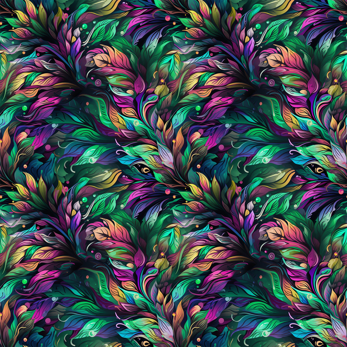 vibrant feathers, peacock plumage, emerald green, magenta pink, turquoise blue, golden yellow, purple accents, ornate pattern, flowing design, swirling motifs, tropical birds, iridescent colors, decorative plumes, repeating pattern, quilting cotton, fabric panel, mardi gras theme, fantasy art style, luxurious textures