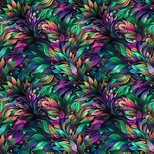vibrant feathers, peacock plumage, emerald green, magenta pink, turquoise blue, golden yellow, purple accents, ornate pattern, flowing design, swirling motifs, tropical birds, iridescent colors, decorative plumes, repeating pattern, quilting cotton, fabric panel, mardi gras theme, fantasy art style, luxurious textures