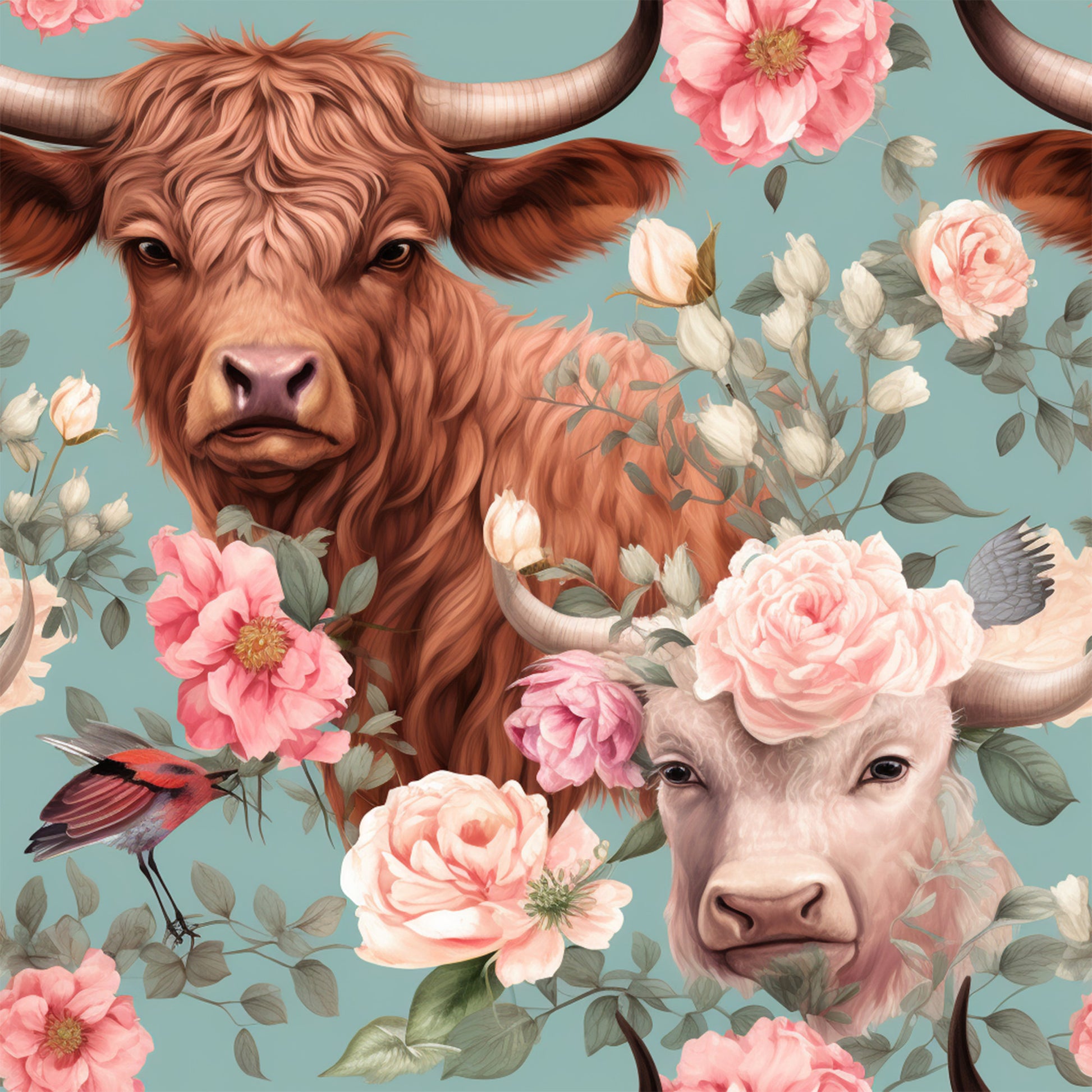 vintage highland cows, floral pattern, pink roses, coral flowers, sage green background, brown cattle, horned cows, botanical elements, quilting cotton, fabric panel, pastoral scene, country farm, rustic charm, soft pastels, romantic florals, cottagecore aesthetic, nature motifs, farmhouse style, whimsical animals, decorative birds