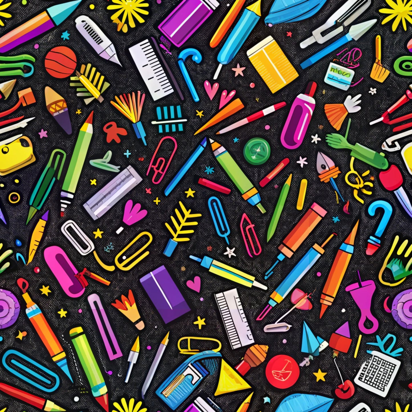 back to school, school supplies, quilting cotton, fabric panel, bright colors, rainbow colors, black background, pencils, pens, rulers, scissors, calculators, paper clips, erasers, markers, crayons, notebooks, geometric shapes, stars, hearts, educational theme, stationery pattern, colorful design, craft supplies, modern illustration