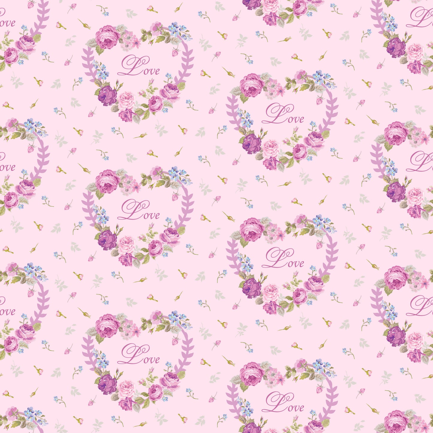 pink background, floral pattern, roses, purple flowers, blue flowers, heart wreaths, love script, romantic motif, shabby chic, vintage style, quilting cotton, fabric panel, tea party theme, delicate florals, pastel colors, repeating pattern, feminine design, cottage core, soft pink, botanical elements