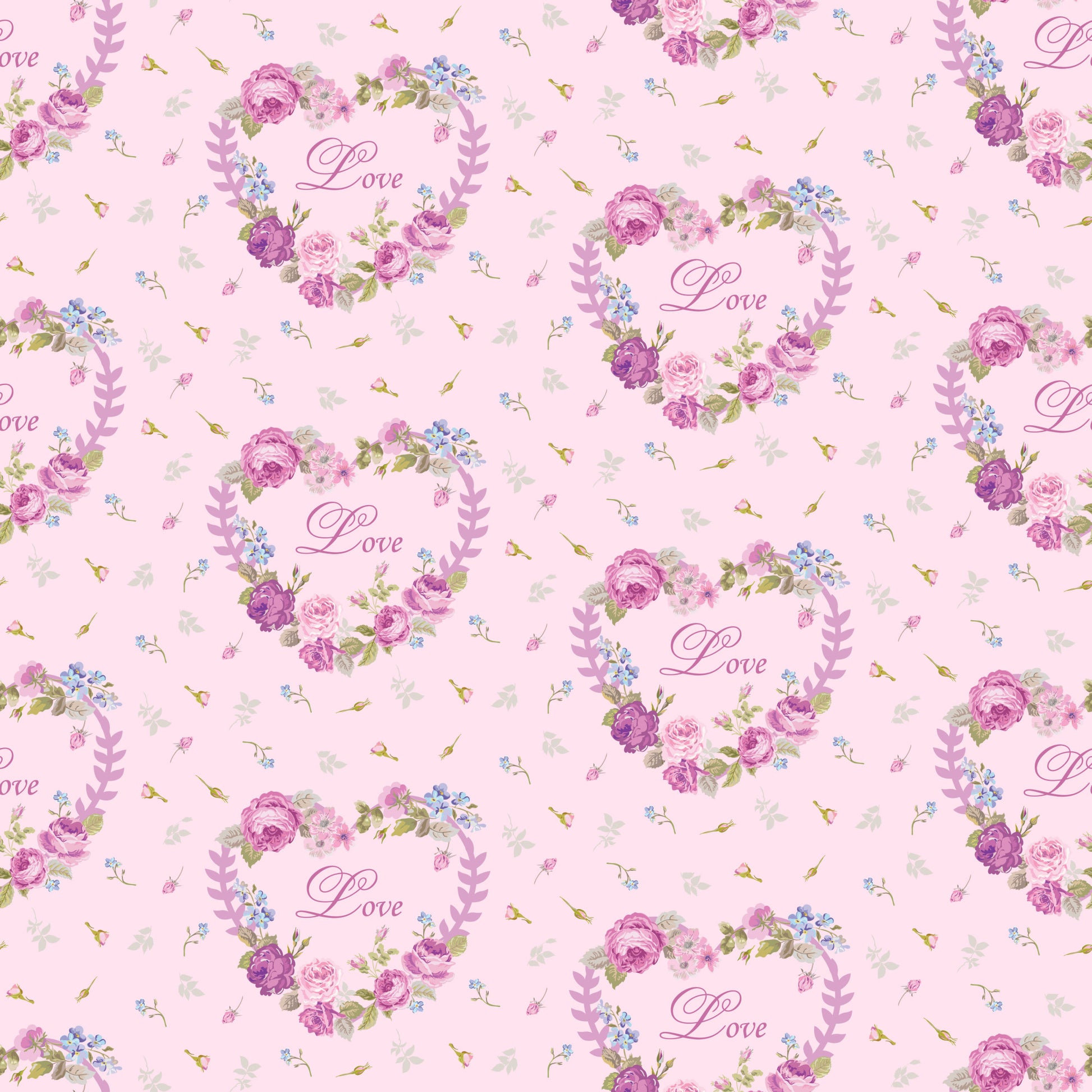 pink background, floral pattern, roses, purple flowers, blue flowers, heart wreaths, love script, romantic motif, shabby chic, vintage style, quilting cotton, fabric panel, tea party theme, delicate florals, pastel colors, repeating pattern, feminine design, cottage core, soft pink, botanical elements
