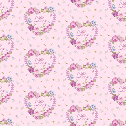pink background, floral pattern, roses, purple flowers, blue flowers, heart wreaths, love script, romantic motif, shabby chic, vintage style, quilting cotton, fabric panel, tea party theme, delicate florals, pastel colors, repeating pattern, feminine design, cottage core, soft pink, botanical elements