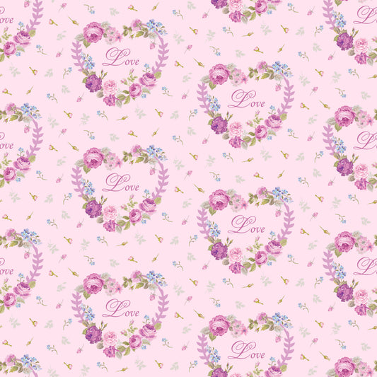 pink background, floral pattern, roses, purple flowers, blue flowers, heart wreaths, love script, romantic motif, shabby chic, vintage style, quilting cotton, fabric panel, tea party theme, delicate florals, pastel colors, repeating pattern, feminine design, cottage core, soft pink, botanical elements