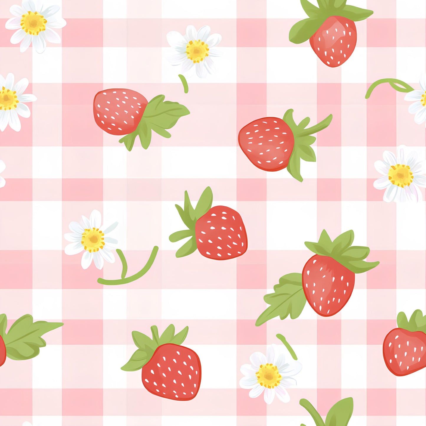 strawberries, white flowers, daisies, pink gingham, checkered pattern, red berries, green leaves, yellow centers, pastel pink, quilting cotton, fabric panel, fruit motifs, floral design, cottage core, spring theme, botanical elements, sweet pattern, coordinating prints
