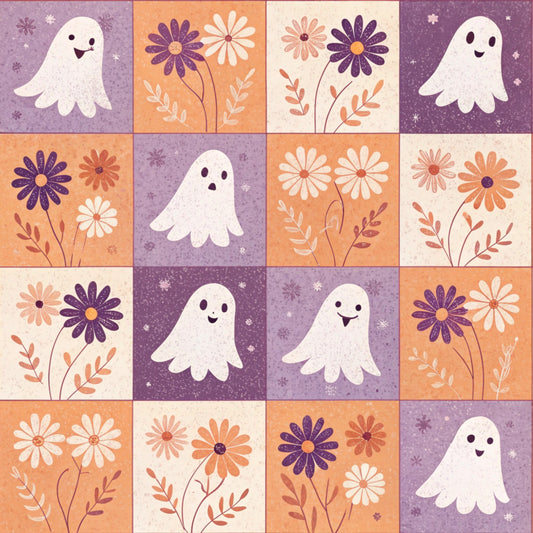 purple, orange, cream, beige, retro ghosts, friendly ghosts, daisy flowers, floral motifs, halloween theme, quilting panel, cotton fabric, checkered squares, vintage style, autumn colors, spooky cute, seasonal pattern, craft fabric, patchwork design, cheerful ghosts, botanical elements
