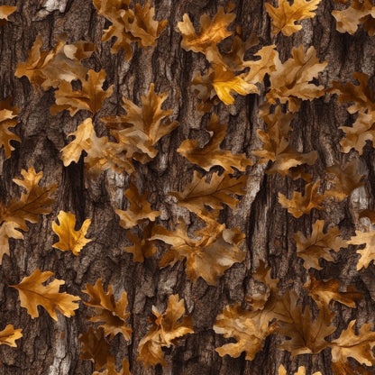 autumn leaves, oak leaves, tree bark, brown, golden yellow, tan, beige, russet, camouflage pattern, hunting theme, realistic design, nature motif, fall foliage, woodland scene, quilting cotton, fabric panel, outdoor theme, camouflage print, natural textures, seasonal pattern