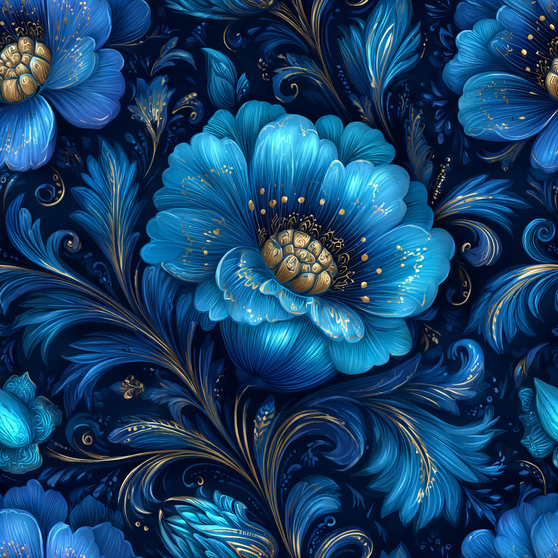 navy blue, royal blue, turquoise, gold accents, ornamental flowers, decorative scrollwork, baroque style, floral motifs, swirling vines, layered petals, intricate details, luxurious pattern, elegant design, quilting cotton, fabric panel, deep blue background, metallic highlights, vintage inspired, ornate florals, rich colors
