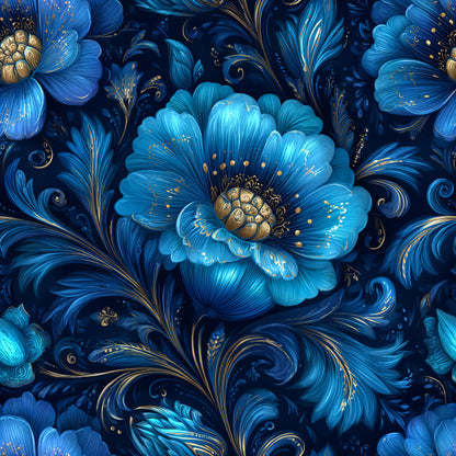 navy blue, royal blue, turquoise, gold accents, ornamental flowers, decorative scrollwork, baroque style, floral motifs, swirling vines, layered petals, intricate details, luxurious pattern, elegant design, quilting cotton, fabric panel, deep blue background, metallic highlights, vintage inspired, ornate florals, rich colors
