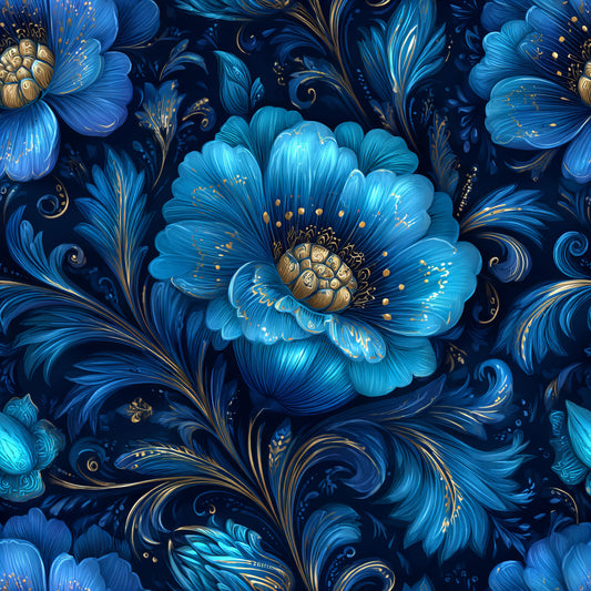 navy blue, royal blue, turquoise, gold accents, ornamental flowers, decorative scrollwork, baroque style, floral motifs, swirling vines, layered petals, intricate details, luxurious pattern, elegant design, quilting cotton, fabric panel, deep blue background, metallic highlights, vintage inspired, ornate florals, rich colors