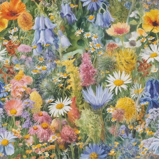 wildflowers, botanical illustration, meadow flowers, daisies, bellflowers, watercolor style, pink blooms, blue petals, yellow centers, orange flowers, purple blossoms, white daisies, green foliage, nature pattern, floral design, quilting cotton, fabric panel, spring flowers, garden blooms, realistic florals
