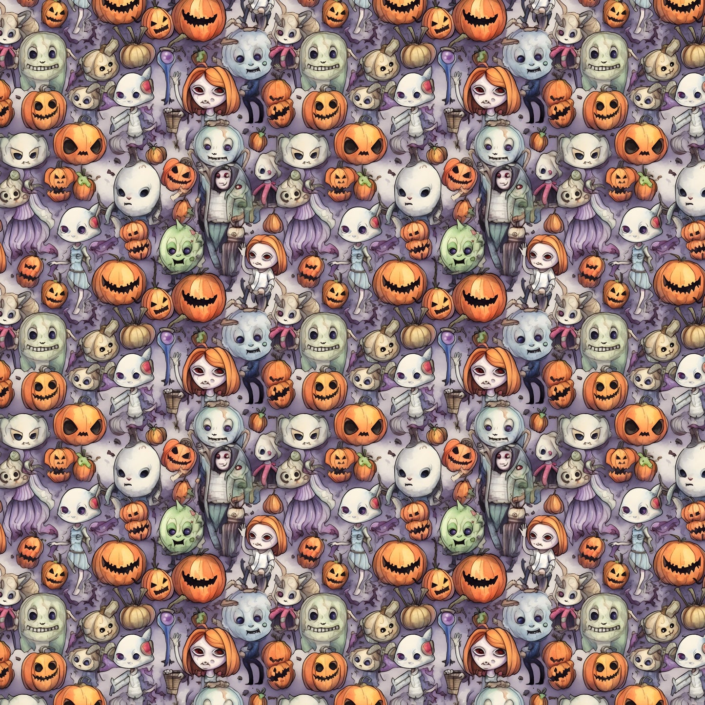 cartoon halloween, horror characters, jack-o-lanterns, pumpkins, ghosts, skeletons, witches, zombies, orange, purple, white, green, spooky faces, cute gothic, repeating pattern, quilting cotton, fabric panel, halloween motifs, seasonal design, horror theme