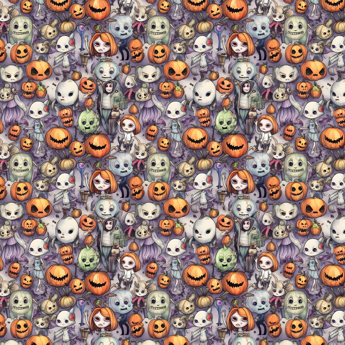 cartoon halloween, horror characters, jack-o-lanterns, pumpkins, ghosts, skeletons, witches, zombies, orange, purple, white, green, spooky faces, cute gothic, repeating pattern, quilting cotton, fabric panel, halloween motifs, seasonal design, horror theme