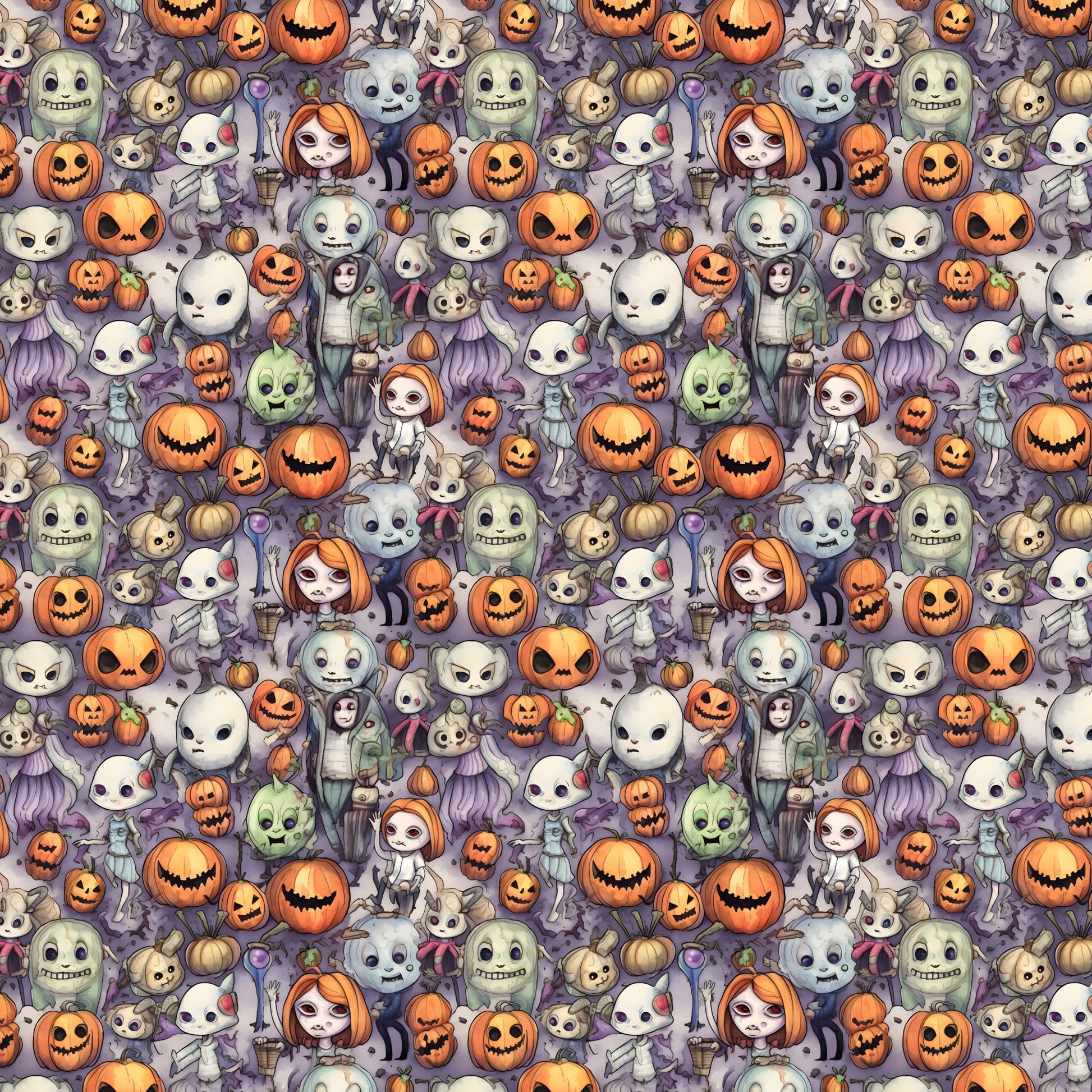 cartoon halloween, horror characters, jack-o-lanterns, pumpkins, ghosts, skeletons, witches, zombies, orange, purple, white, green, spooky faces, cute gothic, repeating pattern, quilting cotton, fabric panel, halloween motifs, seasonal design, horror theme