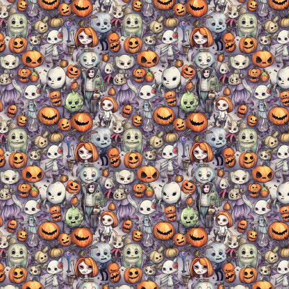 cartoon halloween, horror characters, jack-o-lanterns, pumpkins, ghosts, skeletons, witches, zombies, orange, purple, white, green, spooky faces, cute gothic, repeating pattern, quilting cotton, fabric panel, halloween motifs, seasonal design, horror theme