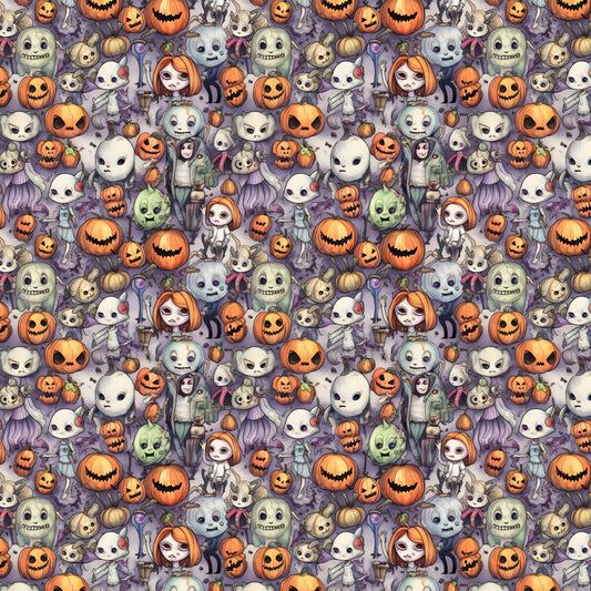 cartoon halloween, horror characters, jack-o-lanterns, pumpkins, ghosts, skeletons, witches, zombies, orange, purple, white, green, spooky faces, cute gothic, repeating pattern, quilting cotton, fabric panel, halloween motifs, seasonal design, horror theme