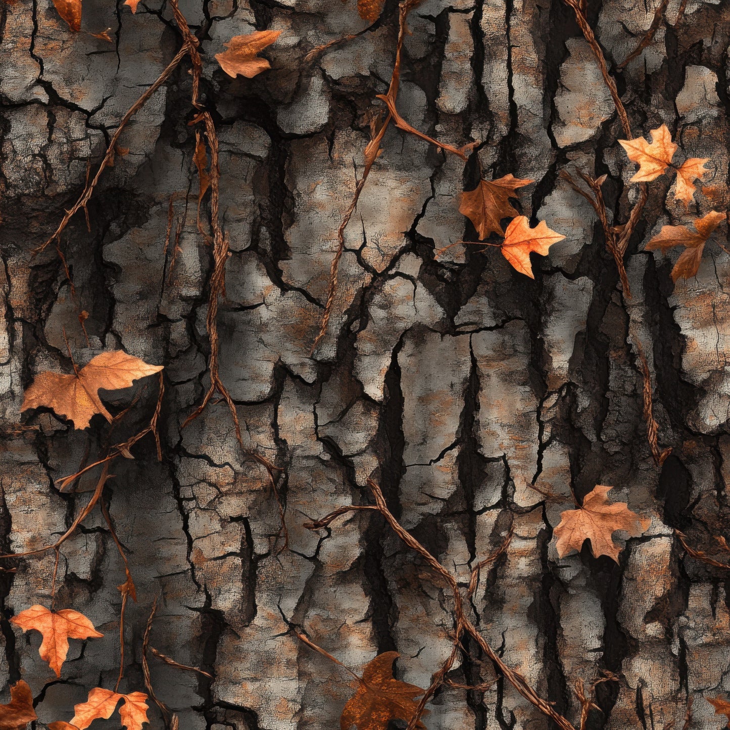 tree bark, autumn leaves, orange, brown, gray, charcoal, realistic texture, nature pattern, hunting camo, camouflage, quilting cotton, fabric panel, outdoor theme, woodland design, bark texture, fall colors, natural camouflage, hunting motif, rustic pattern, forest scene