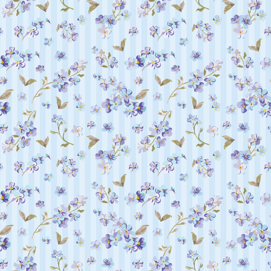 light blue, lavender, purple flowers, golden leaves, floral pattern, small blooms, delicate petals, watercolor style, botanical design, repeating motif, soft pastels, vintage florals, quilting cotton, fabric panel, spring garden, feminine design, scattered flowers, nature inspired, crafting material