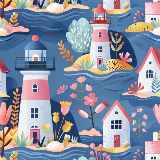 navy blue, coral pink, yellow, mint green, white, lighthouses, coastal scene, whimsical flowers, tropical plants, pineapples, small houses, wavy water, repeating pattern, quilting cotton, fabric panel, seaside theme, springtime motif, cheerful illustration, modern folk art, maritime elements