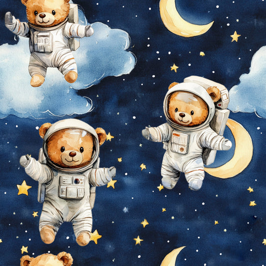 blue, navy blue, white, yellow, gold, teddy bears, astronaut bears, space suits, helmets, moon, crescent moon, stars, clouds, space theme, night sky, cute animals, whimsical, dreamy, quilting cotton, fabric panel, nursery theme, baby boy, celestial, floating bears