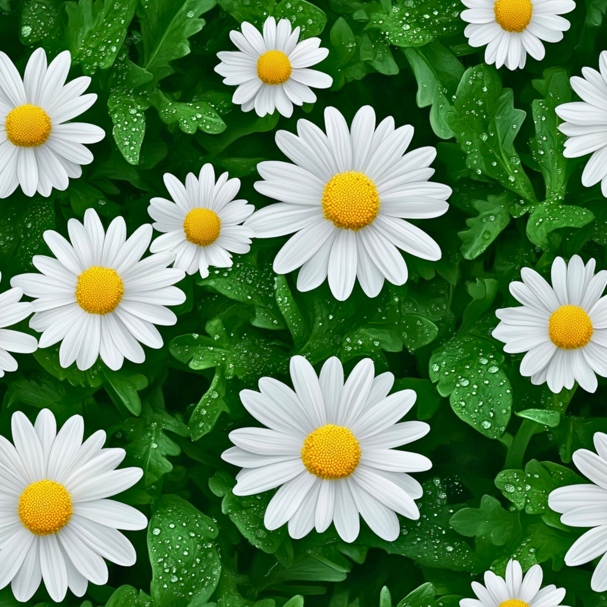 white daisies, yellow centers, green leaves, water droplets, floral pattern, realistic flowers, spring theme, nature design, quilting cotton, fabric panel, botanical print, fresh appearance, meadow flowers, garden scene, vibrant green, bright white, sunny yellow, seamless repeat, natural beauty