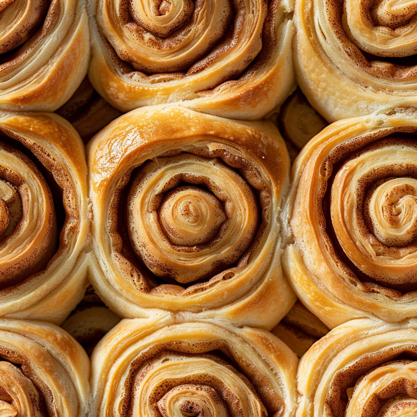 golden brown, cinnamon rolls, pastries, spiral design, baked goods, food pattern, warm tones, amber, caramel colors, swirl motifs, breakfast theme, sweet treats, realistic style, quilting cotton, fabric panel, bakery items, dessert pattern, layered texture, cozy mood, delicious food