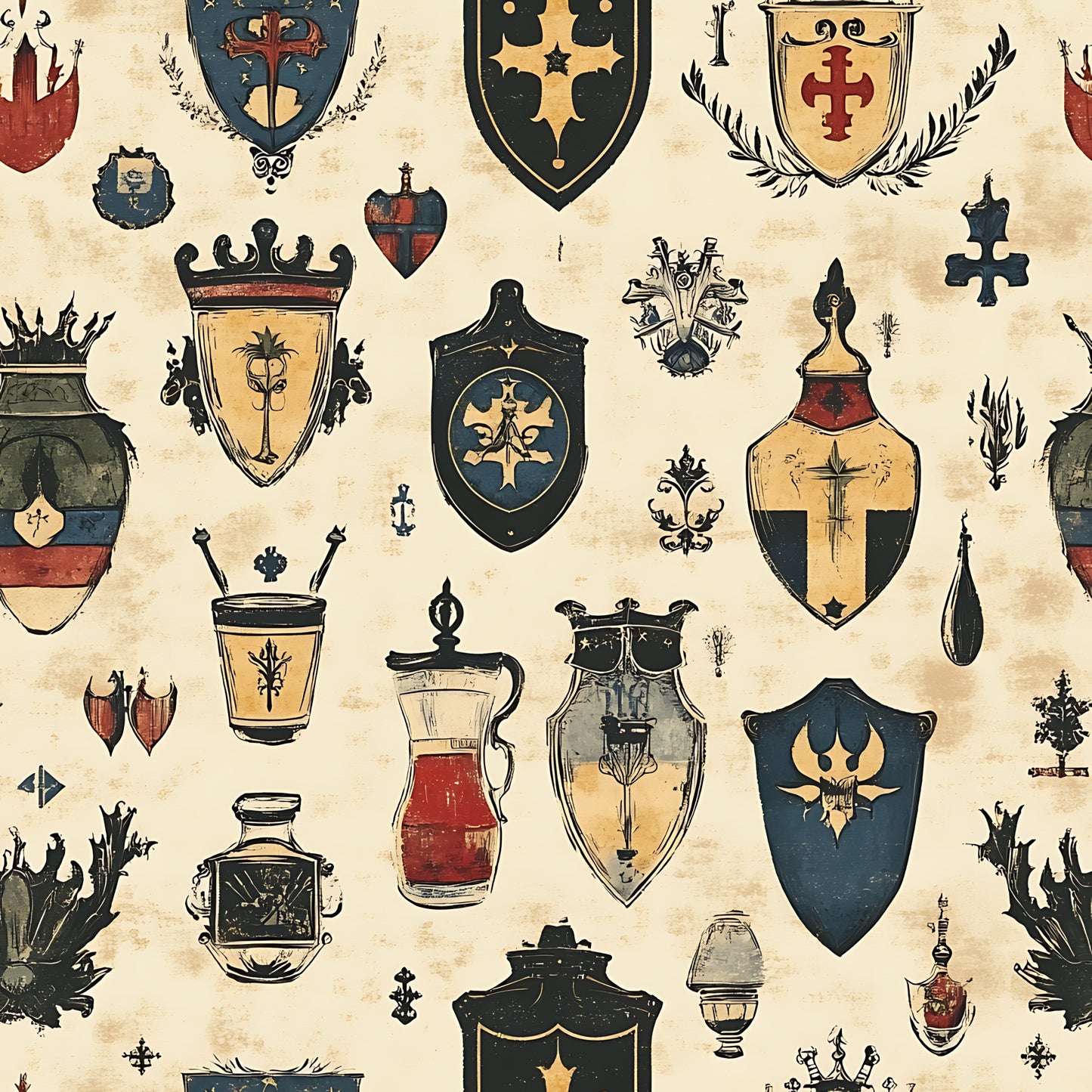medieval heraldry, coat of arms, shields, banners, crowns, crosses, fleur de lis, vessels, pitchers, urns, blue, red, gold, beige, cream, black, vintage style, antiqued finish, german motifs, quilting cotton, fabric panel, rustic aesthetic, weathered appearance