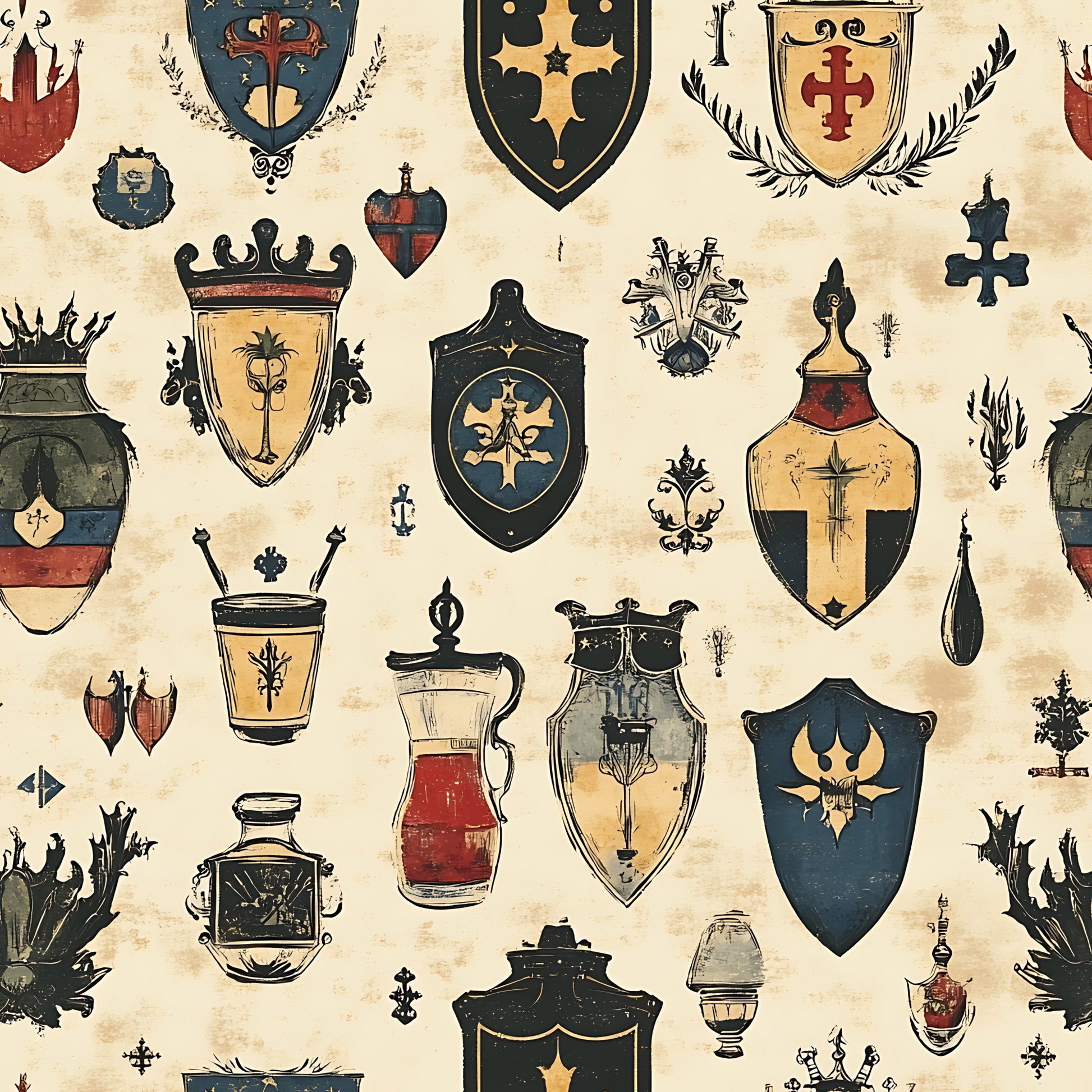 medieval heraldry, coat of arms, shields, banners, crowns, crosses, fleur de lis, vessels, pitchers, urns, blue, red, gold, beige, cream, black, vintage style, antiqued finish, german motifs, quilting cotton, fabric panel, rustic aesthetic, weathered appearance
