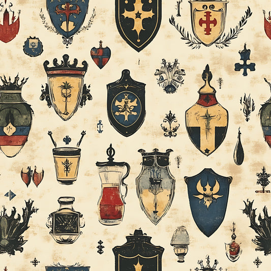 medieval heraldry, coat of arms, shields, banners, crowns, crosses, fleur de lis, vessels, pitchers, urns, blue, red, gold, beige, cream, black, vintage style, antiqued finish, german motifs, quilting cotton, fabric panel, rustic aesthetic, weathered appearance