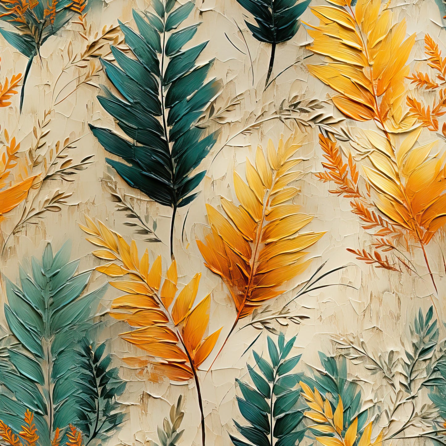 tropical leaves, autumn foliage, teal green, golden yellow, orange leaves, cream background, botanical pattern, palm fronds, textured appearance, quilting cotton, fabric panel, tropical motifs, fall colors, leaf design, nature inspired, warm tones, earthy palette, tropical autumn, botanical print, layered texture