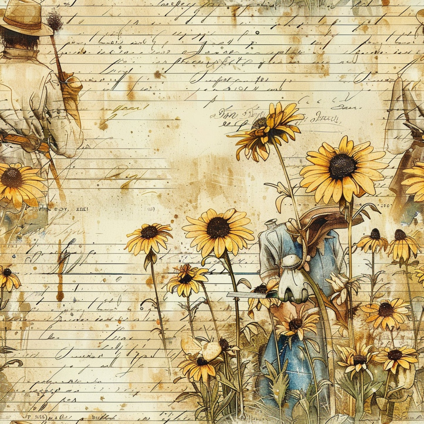 vintage letters, aged paper, yellow sunflowers, brown centers, rustic farmer, straw hat, watering can, blue overalls, handwritten script, sepia tones, botanical illustration, country living, quilting cotton, fabric panel, weathered texture, golden petals, garden scene, farmhouse style, antique manuscript, floral motifs