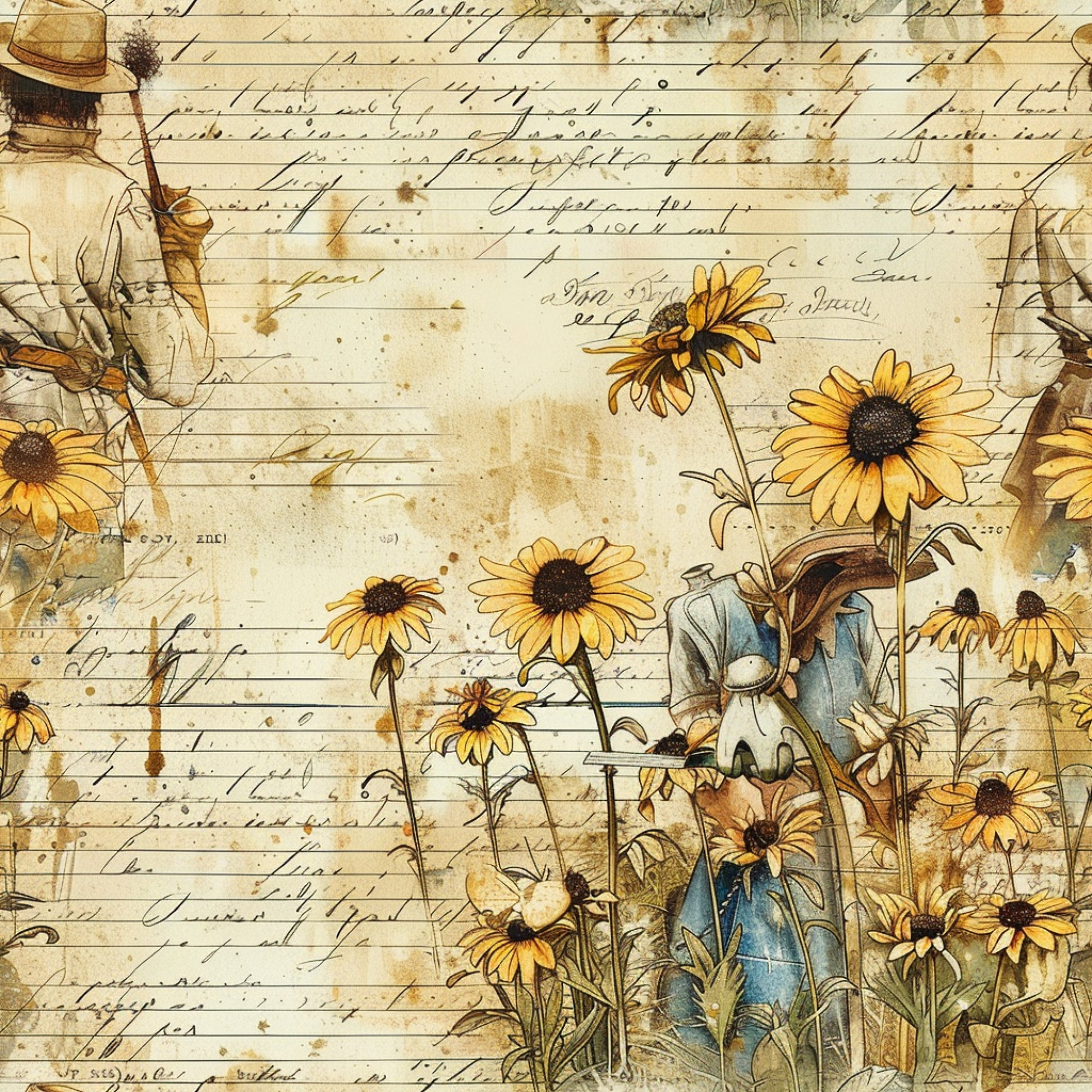 vintage letters, aged paper, yellow sunflowers, brown centers, rustic farmer, straw hat, watering can, blue overalls, handwritten script, sepia tones, botanical illustration, country living, quilting cotton, fabric panel, weathered texture, golden petals, garden scene, farmhouse style, antique manuscript, floral motifs