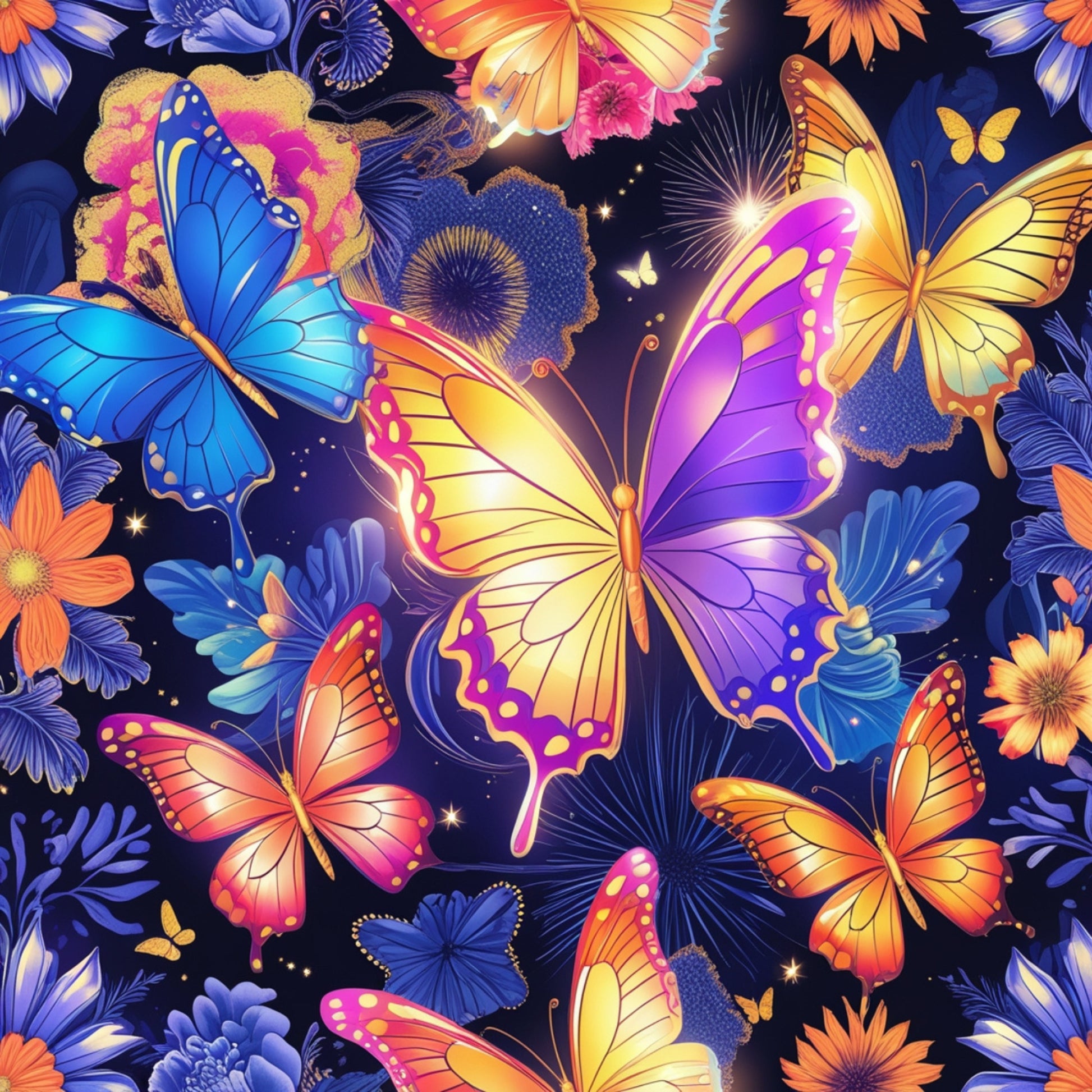 vibrant butterflies, purple wings, blue butterflies, orange butterflies, yellow accents, pink highlights, dark background, floral elements, fantasy style, magical design, quilting cotton, fabric panel, colorful wings, tropical flowers, nature motifs, bright colors, whimsical pattern, decorative butterflies, luminous effects, enchanted garden