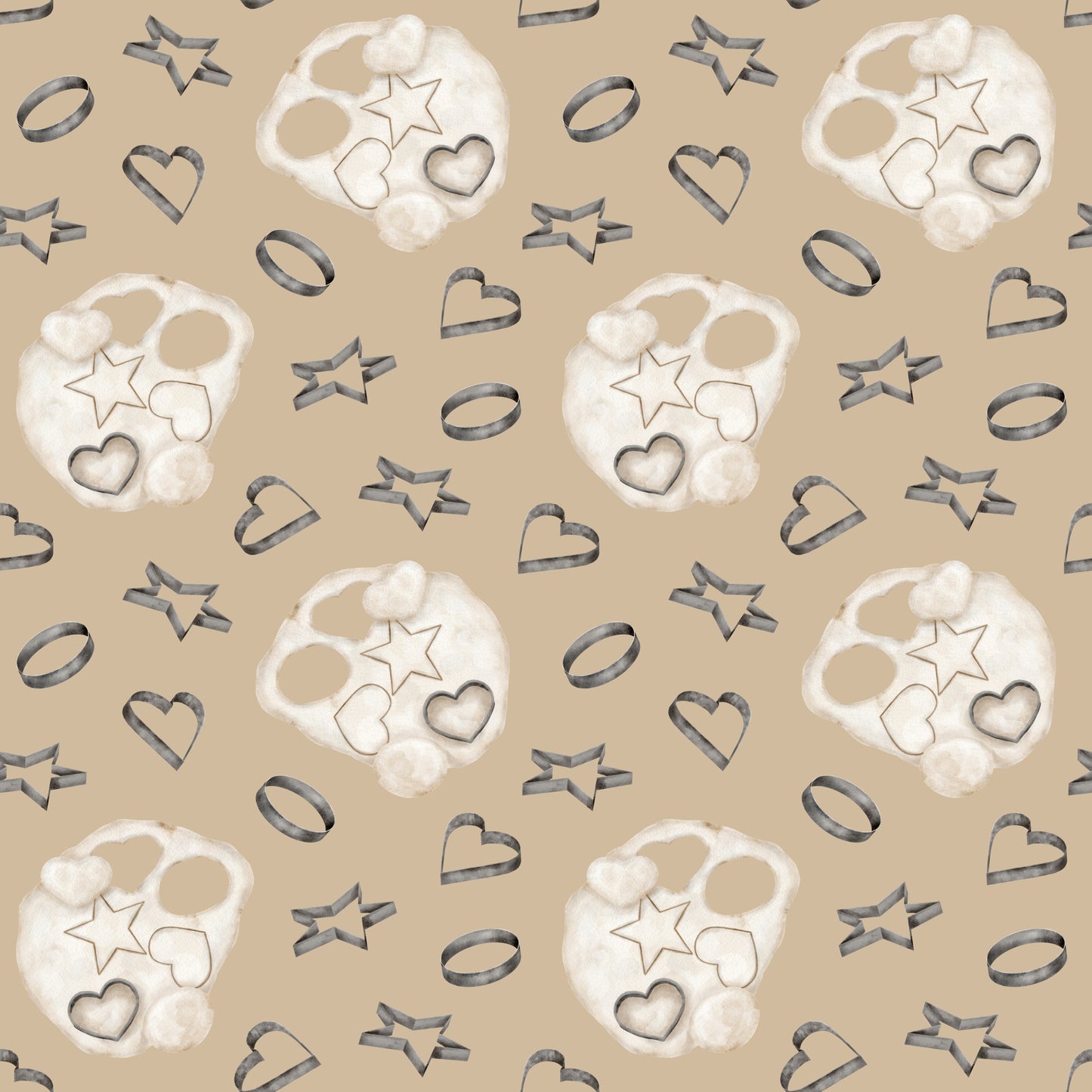 beige, tan, cream, white, watercolor, baking pattern, cookie cutters, star shapes, heart shapes, circle shapes, flour dusting, kitchen theme, cooking motifs, repeating pattern, quilting cotton, fabric panel, soft pastels, culinary design, baking tools, geometric shapes