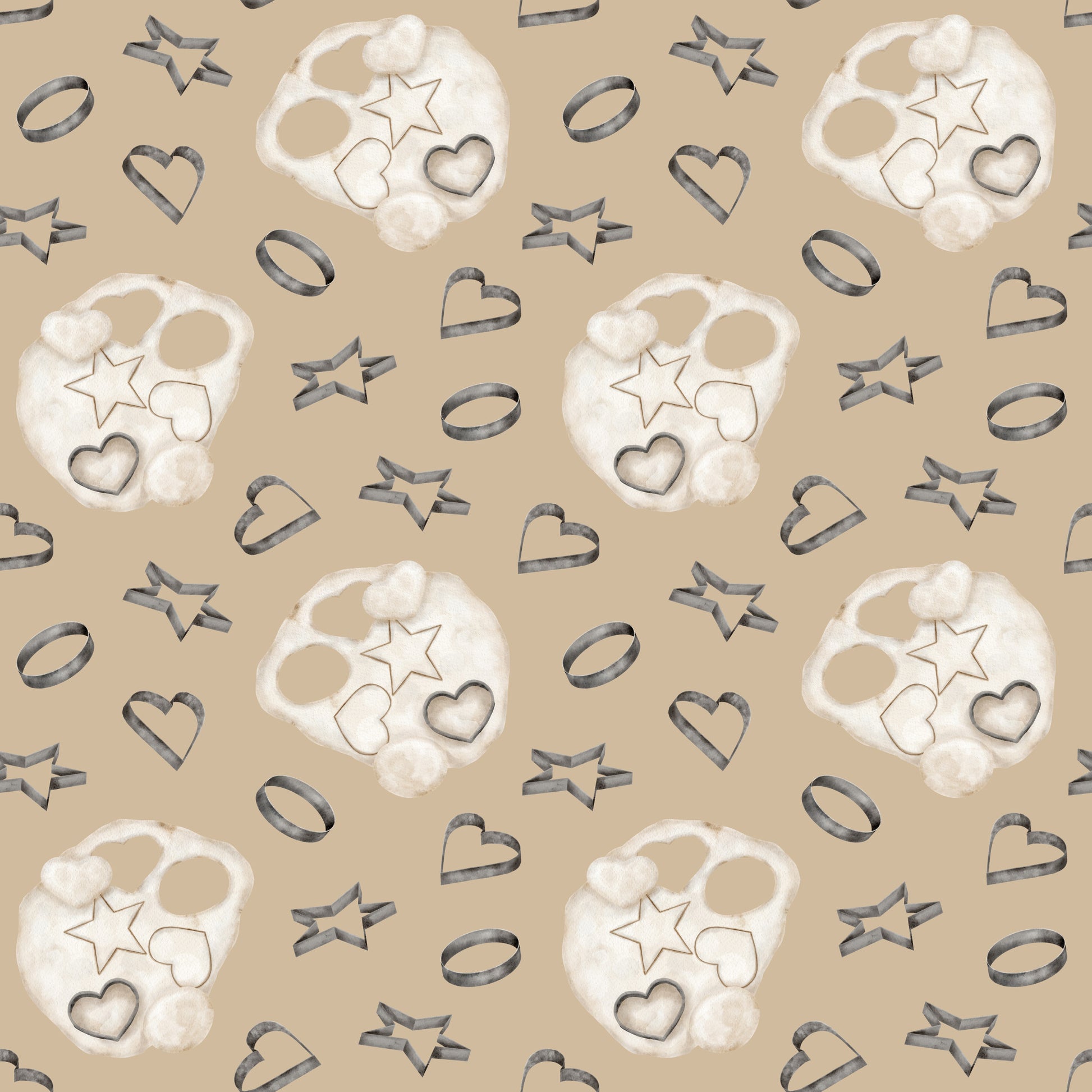 beige, tan, cream, white, watercolor, baking pattern, cookie cutters, star shapes, heart shapes, circle shapes, flour dusting, kitchen theme, cooking motifs, repeating pattern, quilting cotton, fabric panel, soft pastels, culinary design, baking tools, geometric shapes