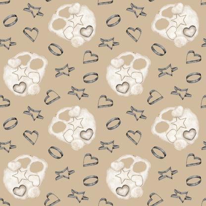 beige, tan, cream, white, watercolor, baking pattern, cookie cutters, star shapes, heart shapes, circle shapes, flour dusting, kitchen theme, cooking motifs, repeating pattern, quilting cotton, fabric panel, soft pastels, culinary design, baking tools, geometric shapes